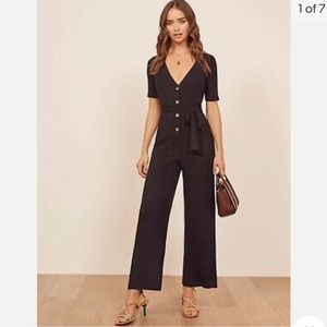 REFORMATION Jeans Black Camille Ribbed Knit Button V-Neck Pant Jumpsuit